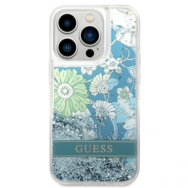 Guess iPhone 14 Pro Flower Liquid Glitter Σκληρή Θήκη - Green - GUHCP14LLFLSN