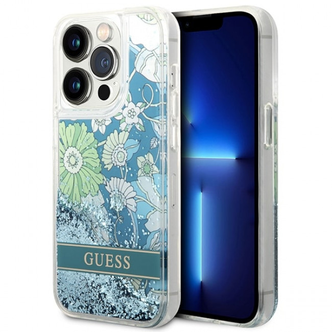 Guess iPhone 14 Pro Flower Liquid Glitter Σκληρή Θήκη - Green - GUHCP14LLFLSN