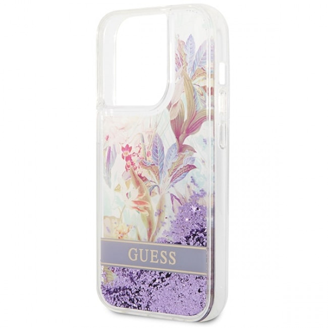 Guess iPhone 14 Pro Flower Liquid Glitter Σκληρή Θήκη - Purple - GUHCP14LLFLSU