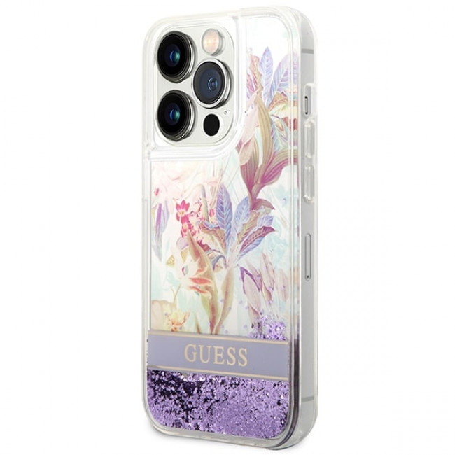 Guess iPhone 14 Pro Flower Liquid Glitter Σκληρή Θήκη - Purple - GUHCP14LLFLSU