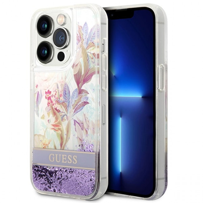 Guess iPhone 14 Pro Flower Liquid Glitter Σκληρή Θήκη - Purple - GUHCP14LLFLSU