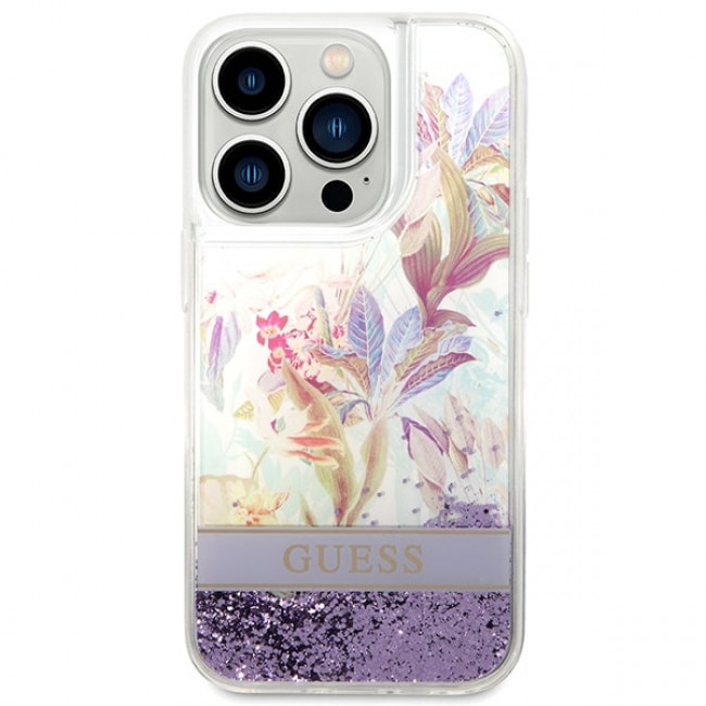 Guess iPhone 14 Pro Flower Liquid Glitter Σκληρή Θήκη - Purple - GUHCP14LLFLSU