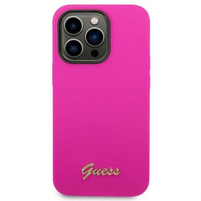 Guess iPhone 14 Pro Silicone Metal Logo Script Θήκη Σιλικόνης - Fuchsia - GUHCP14LSLSMF