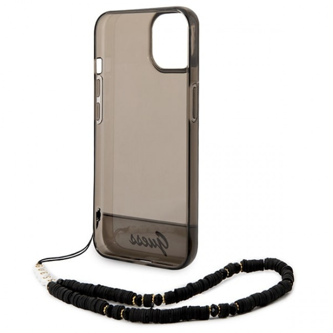 Guess iPhone 14 Plus Pearl Strap Σκληρή Θήκη με Πλαίσιο Σιλικόνης και Λουράκι - Black / Pearl / Semi Clear - GUHCP14MHGCOHK