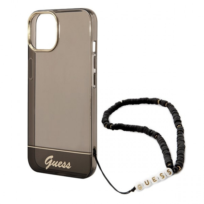 Guess iPhone 14 Plus Pearl Strap Σκληρή Θήκη με Πλαίσιο Σιλικόνης και Λουράκι - Black / Pearl / Semi Clear - GUHCP14MHGCOHK