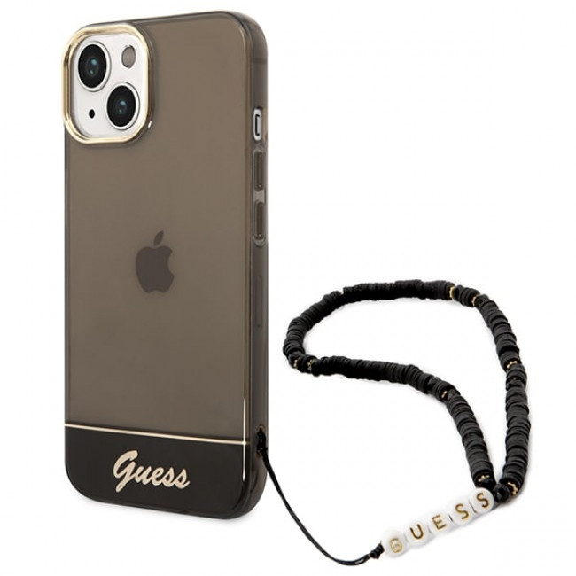 Guess iPhone 14 Plus Pearl Strap Σκληρή Θήκη με Πλαίσιο Σιλικόνης και Λουράκι - Black / Pearl / Semi Clear - GUHCP14MHGCOHK