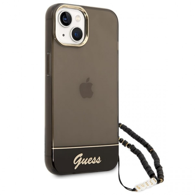 Guess iPhone 14 Plus Pearl Strap Σκληρή Θήκη με Πλαίσιο Σιλικόνης και Λουράκι - Black / Pearl / Semi Clear - GUHCP14MHGCOHK