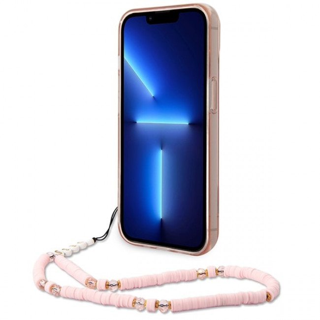 Guess iPhone 14 Plus Pearl Strap Σκληρή Θήκη με Πλαίσιο Σιλικόνης και Λουράκι - Pink / Pearl / Semi Clear - GUHCP14MHGCOHP