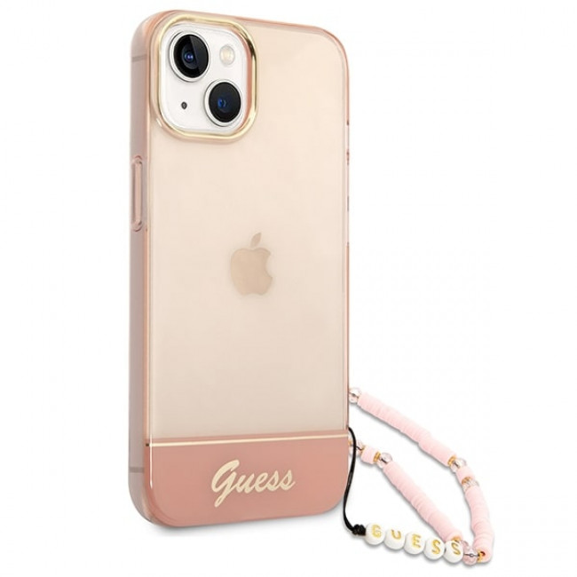 Guess iPhone 14 Plus Pearl Strap Σκληρή Θήκη με Πλαίσιο Σιλικόνης και Λουράκι - Pink / Pearl / Semi Clear - GUHCP14MHGCOHP