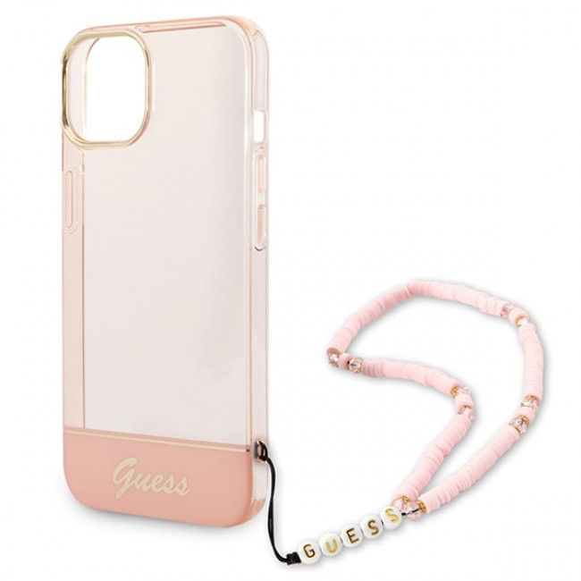 Guess iPhone 14 Plus Pearl Strap Σκληρή Θήκη με Πλαίσιο Σιλικόνης και Λουράκι - Pink / Pearl / Semi Clear - GUHCP14MHGCOHP