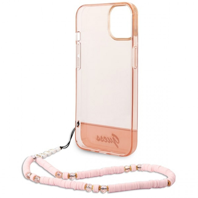 Guess iPhone 14 Plus Pearl Strap Σκληρή Θήκη με Πλαίσιο Σιλικόνης και Λουράκι - Pink / Pearl / Semi Clear - GUHCP14MHGCOHP