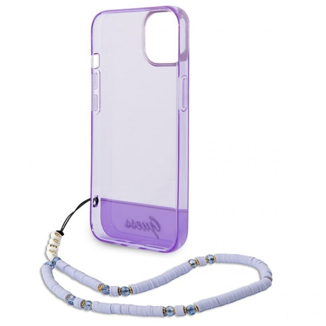 Guess iPhone 14 Plus Pearl Strap Σκληρή Θήκη με Πλαίσιο Σιλικόνης και Λουράκι - Purple / Pearl / Semi Clear - GUHCP14MHGCOHU