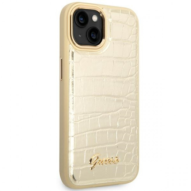 Guess iPhone 14 Plus Croco Collection Θήκη με Επένδυση Συνθετικού Δέρματος - Gold - GUHCP14MHGCRHD