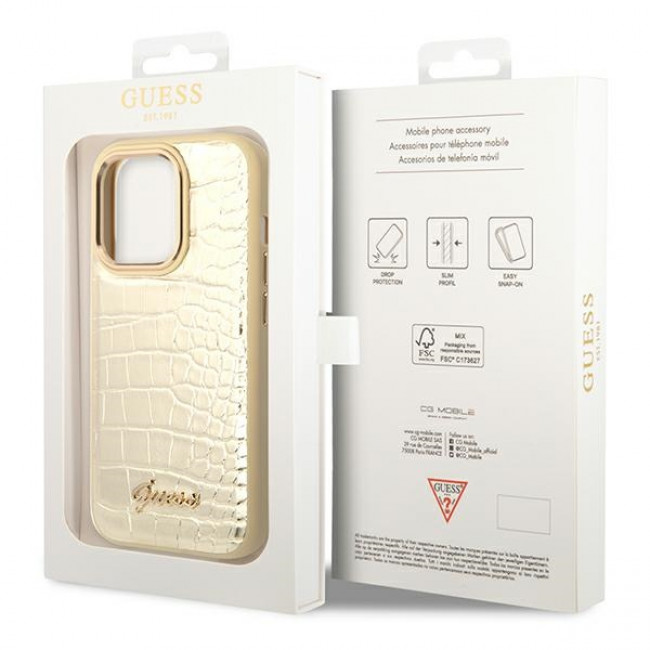 Guess iPhone 14 Pro Croco Collection Θήκη με Επένδυση Συνθετικού Δέρματος - Gold - GUHCP14LHGCRHD