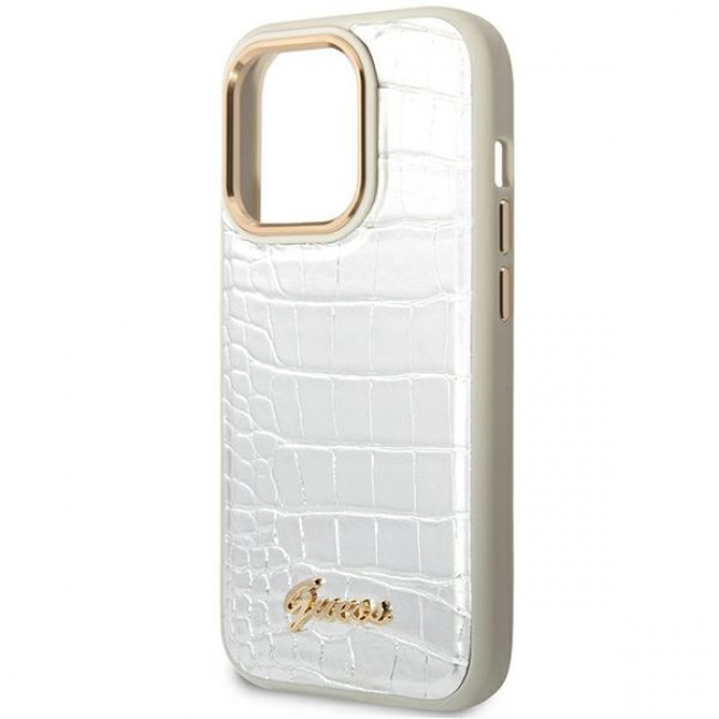 Guess iPhone 14 Pro Croco Collection Θήκη με Επένδυση Συνθετικού Δέρματος - Silver - GUHCP14LHGCRHS