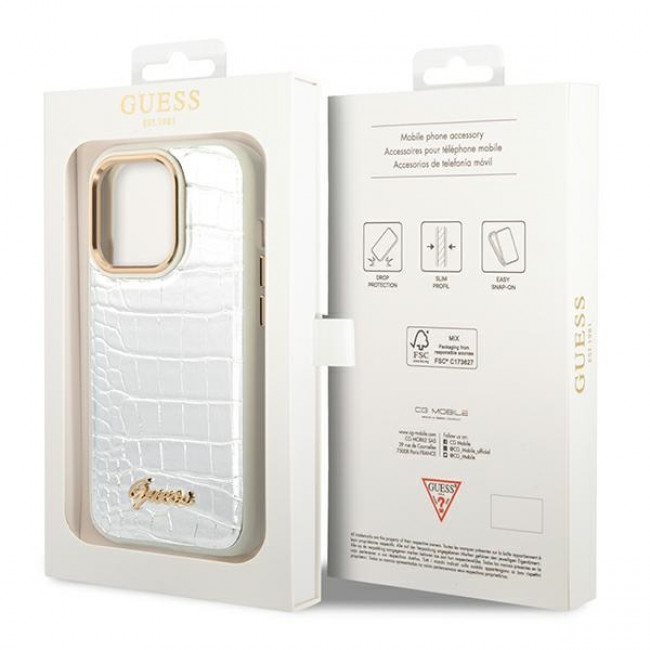 Guess iPhone 14 Pro Croco Collection Θήκη με Επένδυση Συνθετικού Δέρματος - Silver - GUHCP14LHGCRHS