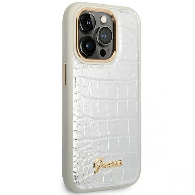 Guess iPhone 14 Pro Croco Collection Θήκη με Επένδυση Συνθετικού Δέρματος - Silver - GUHCP14LHGCRHS