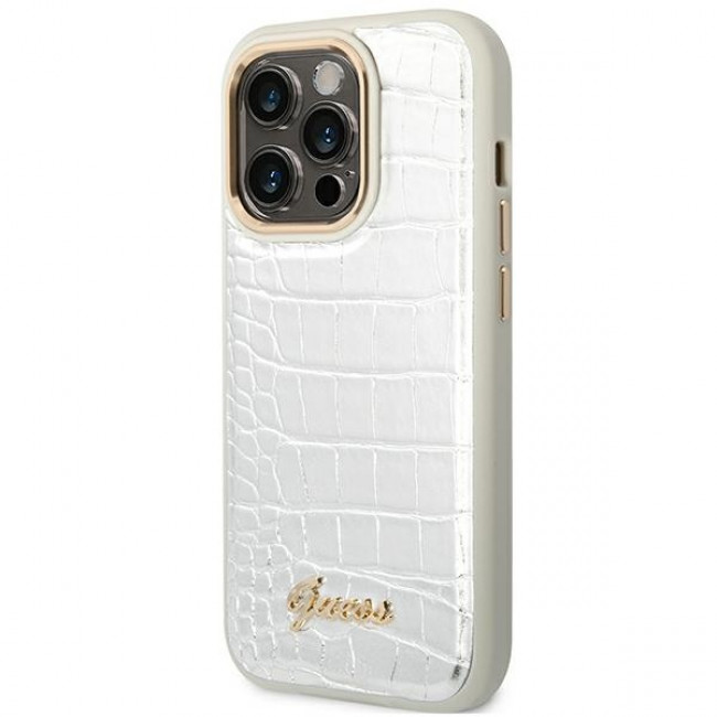 Guess iPhone 14 Pro Croco Collection Θήκη με Επένδυση Συνθετικού Δέρματος - Silver - GUHCP14LHGCRHS