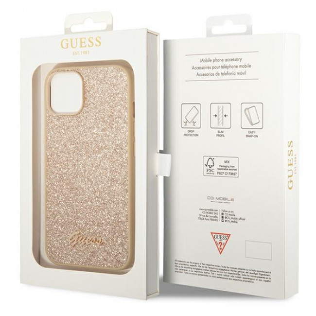 Guess iPhone 14 Plus Glitter Script Σκληρή Θήκη με Πλαίσιο Σιλικόνης - Gold - GUHCP14MHGGSHD