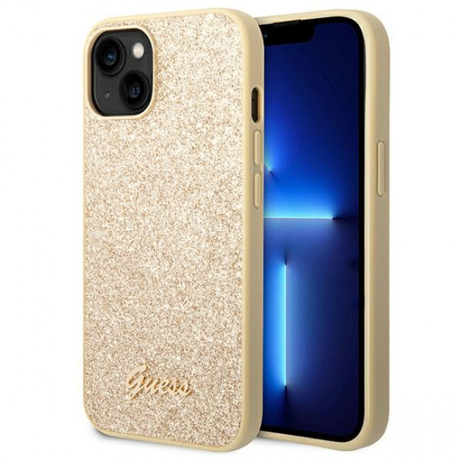 Guess iPhone 14 Plus Glitter Script Σκληρή Θήκη με Πλαίσιο Σιλικόνης - Gold - GUHCP14MHGGSHD