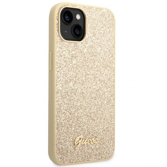 Guess iPhone 14 Plus Glitter Script Σκληρή Θήκη με Πλαίσιο Σιλικόνης - Gold - GUHCP14MHGGSHD