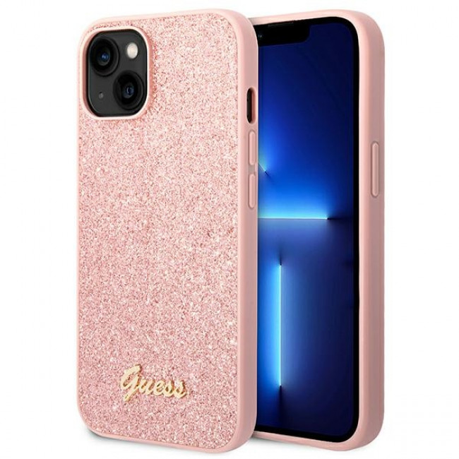 Guess iPhone 14 Plus Glitter Script Σκληρή Θήκη με Πλαίσιο Σιλικόνης - Pink - GUHCP14MHGGSHP