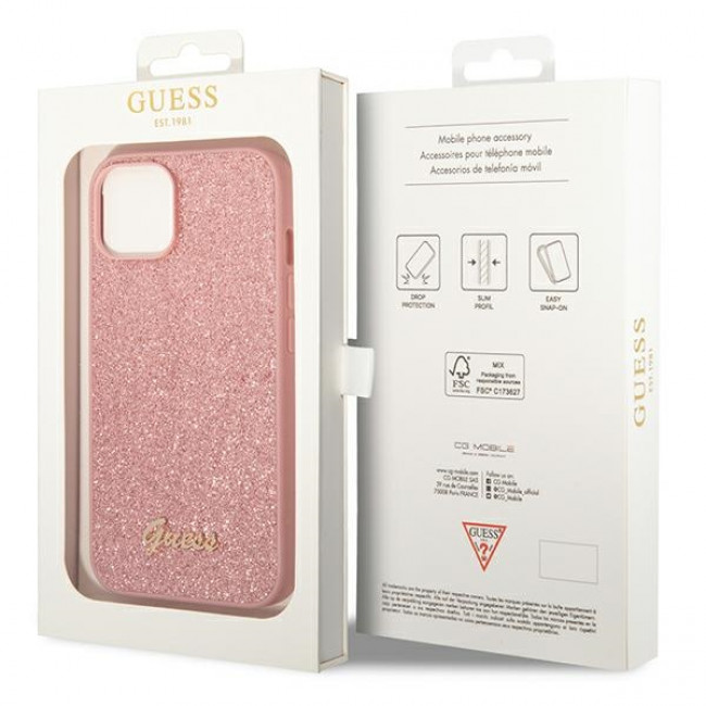 Guess iPhone 14 Plus Glitter Script Σκληρή Θήκη με Πλαίσιο Σιλικόνης - Pink - GUHCP14MHGGSHP