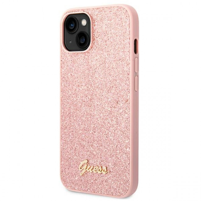 Guess iPhone 14 Plus Glitter Script Σκληρή Θήκη με Πλαίσιο Σιλικόνης - Pink - GUHCP14MHGGSHP