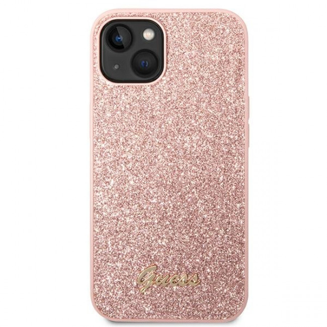 Guess iPhone 14 Plus Glitter Script Σκληρή Θήκη με Πλαίσιο Σιλικόνης - Pink - GUHCP14MHGGSHP