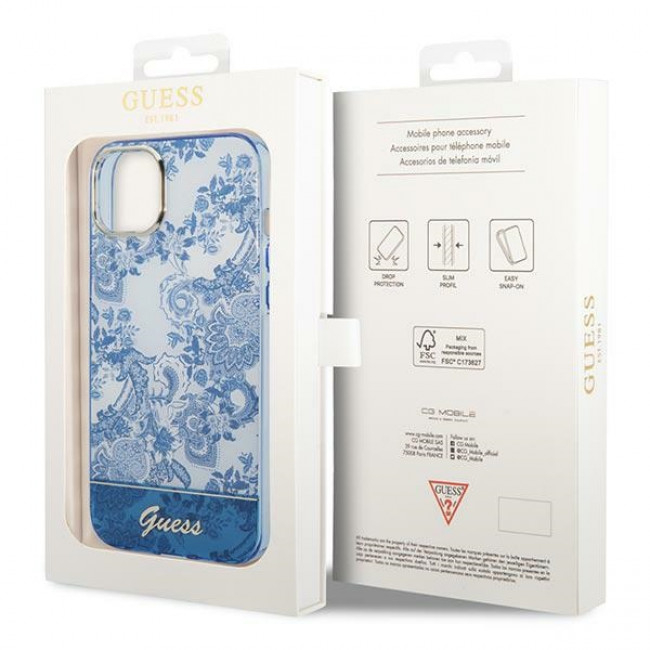 Guess iPhone 14 Plus Porcelain Collection Σκληρή Θήκη με Πλαίσιο Σιλικόνης - Blue - GUHCP14MHGPLHB