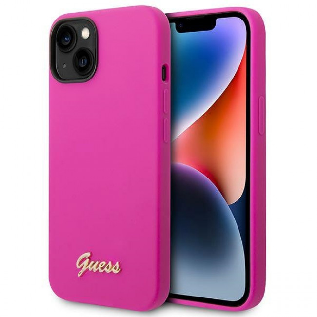 Guess iPhone 14 Plus Silicone Metal Logo Script Θήκη Σιλικόνης - Fuchsia - GUHCP14MSLSMF