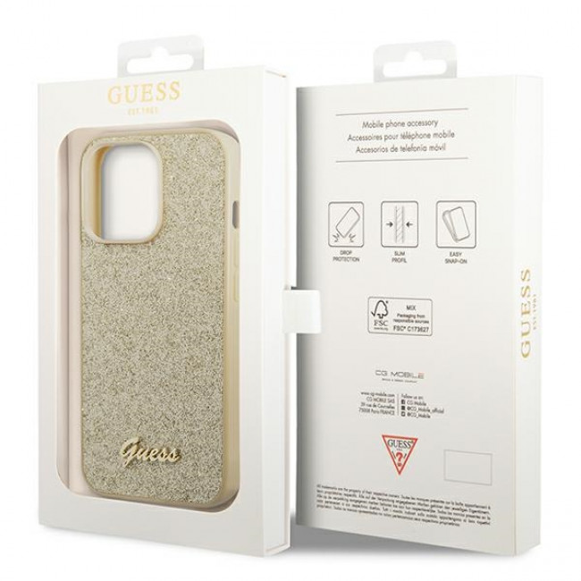 Guess iPhone 14 Pro Max Glitter Script Σκληρή Θήκη με Πλαίσιο Σιλικόνης - Gold - GUHCP14XHGGSHD