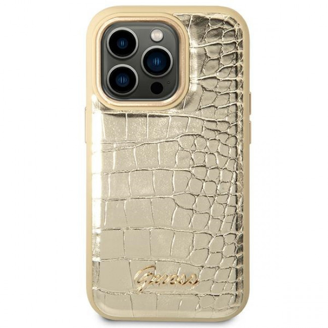 Guess iPhone 14 Pro Max Croco Collection Θήκη με Επένδυση Συνθετικού Δέρματος - Gold - GUHCP14XHGCRHD