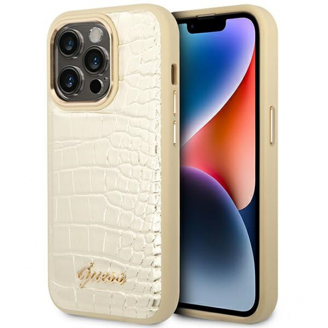 Guess iPhone 14 Pro Max Croco Collection Θήκη με Επένδυση Συνθετικού Δέρματος - Gold - GUHCP14XHGCRHD