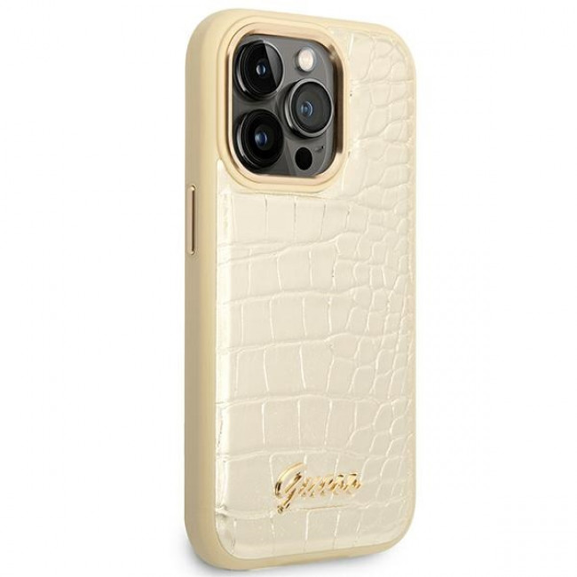 Guess iPhone 14 Pro Max Croco Collection Θήκη με Επένδυση Συνθετικού Δέρματος - Gold - GUHCP14XHGCRHD