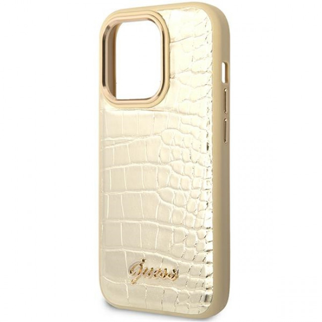 Guess iPhone 14 Pro Max Croco Collection Θήκη με Επένδυση Συνθετικού Δέρματος - Gold - GUHCP14XHGCRHD