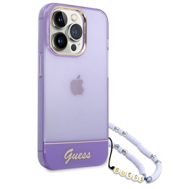 Guess iPhone 14 Pro Max Translucent Pearl Strap Σκληρή Θήκη με Πλαίσιο Σιλικόνης και Λουράκι - Purple / Ημιδιάφανη - GUHCP14XHGCOHU