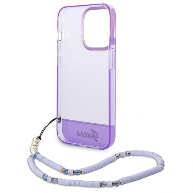 Guess iPhone 14 Pro Max Translucent Pearl Strap Σκληρή Θήκη με Πλαίσιο Σιλικόνης και Λουράκι - Purple / Ημιδιάφανη - GUHCP14XHGCOHU