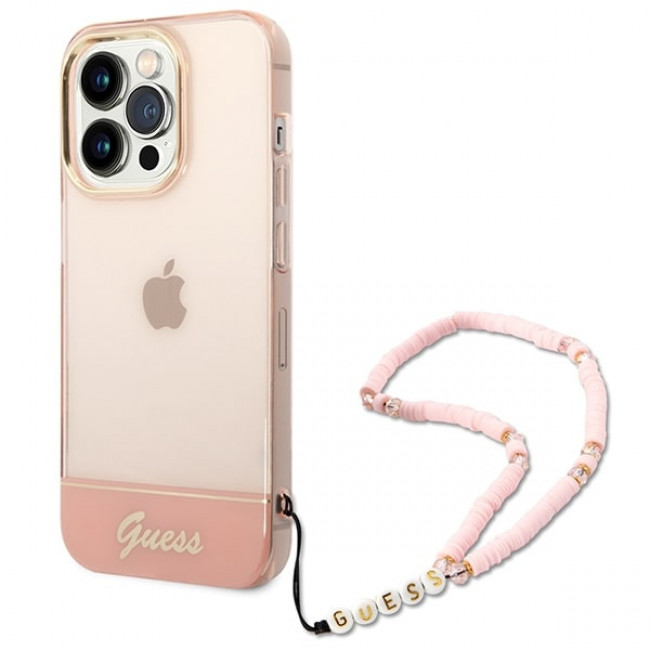 Guess iPhone 14 Pro Max Translucent Pearl Strap Σκληρή Θήκη με Πλαίσιο Σιλικόνης και Λουράκι - Pink / Ημιδιάφανη - GUHCP14XHGCOHP