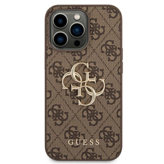 Guess iPhone 14 Pro - 4G Big Metal Logo Θήκη με Επένδυση Συνθετικού Δέρματος - Brown - GUHCP14L4GMGBR