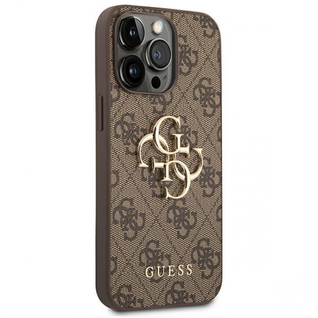 Guess iPhone 14 Pro - 4G Big Metal Logo Θήκη με Επένδυση Συνθετικού Δέρματος - Brown - GUHCP14L4GMGBR