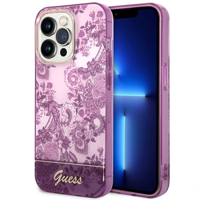 Guess iPhone 14 Pro Porcelain Collection Σκληρή Θήκη με Πλαίσιο Σιλικόνης - Fuschia - GUHCP14LHGPLHF