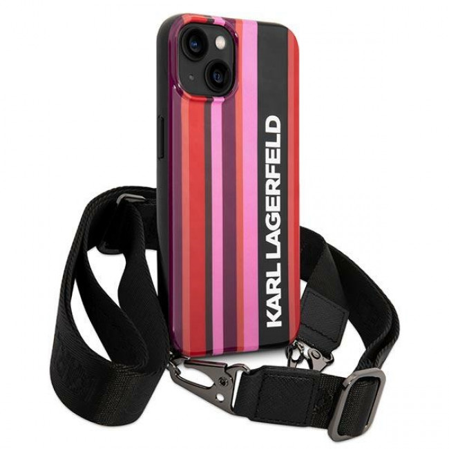 Karl Lagerfeld iPhone 14 Color Stripes Strap Σκληρή Θήκη με Πλαίσιο Σιλικόνης και Λουράκι - Pink - KLHCP14SSTSTP