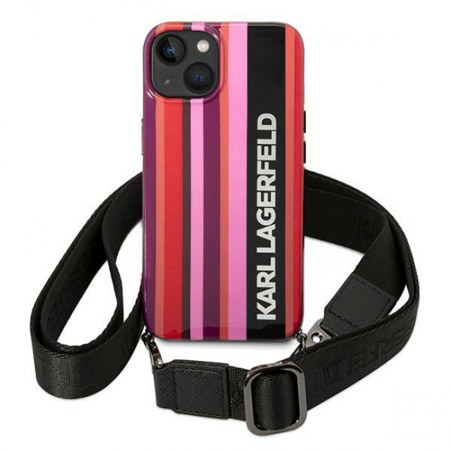 Karl Lagerfeld iPhone 14 Color Stripes Strap Σκληρή Θήκη με Πλαίσιο Σιλικόνης και Λουράκι - Pink - KLHCP14SSTSTP