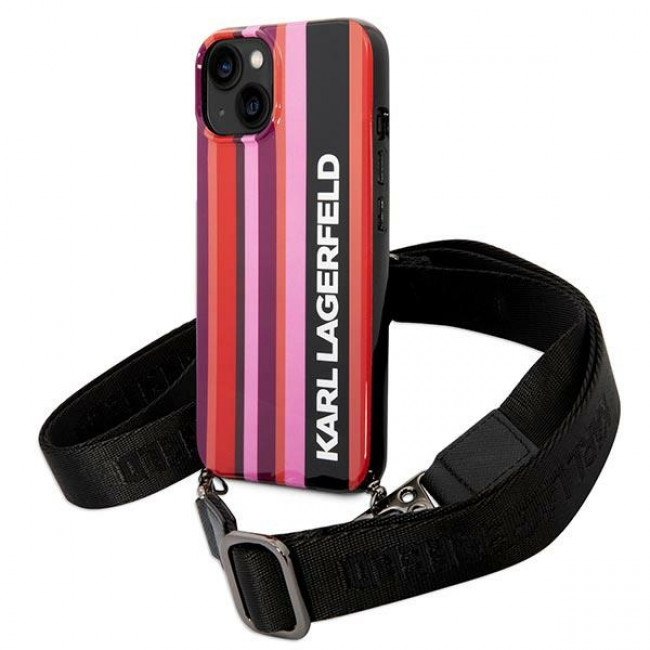 Karl Lagerfeld iPhone 14 Color Stripes Strap Σκληρή Θήκη με Πλαίσιο Σιλικόνης και Λουράκι - Pink - KLHCP14SSTSTP