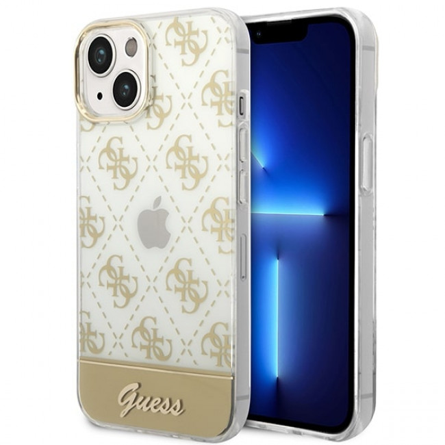 Guess iPhone 14 Plus 4G Pattern Script Σκληρή Θήκη με Πλαίσιο Σιλικόνης - Gold - GUHCP14MHG4MHG