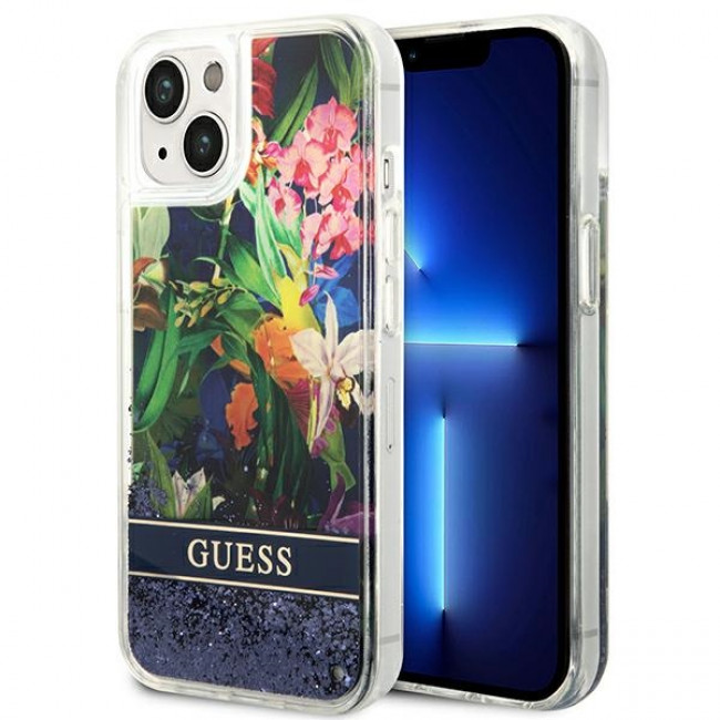 Guess iPhone 14 Plus Flower Liquid Glitter Σκληρή Θήκη - Blue - GUHCP14MLFLSB