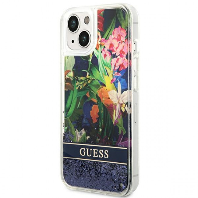 Guess iPhone 14 Plus Flower Liquid Glitter Σκληρή Θήκη - Blue - GUHCP14MLFLSB