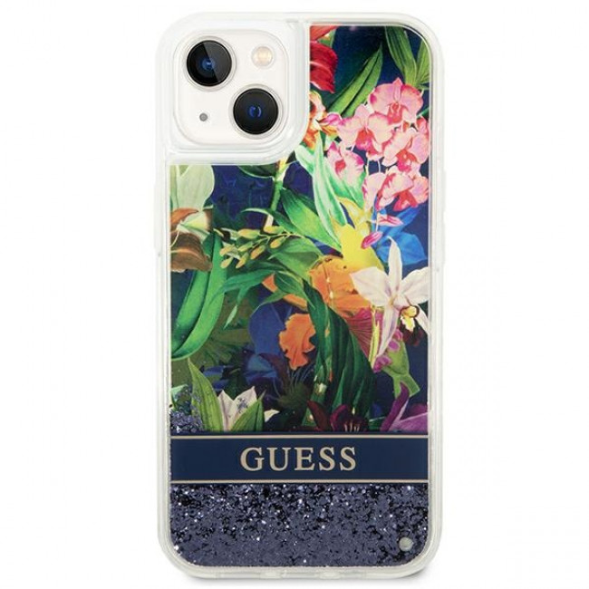 Guess iPhone 14 Plus Flower Liquid Glitter Σκληρή Θήκη - Blue - GUHCP14MLFLSB