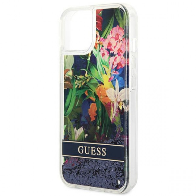 Guess iPhone 14 Plus Flower Liquid Glitter Σκληρή Θήκη - Blue - GUHCP14MLFLSB